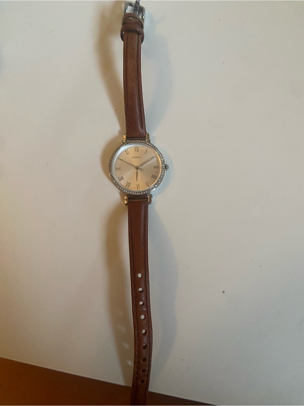 Fossil Brown Leather Strap Watch with Silver Dial and Crystal Bezel